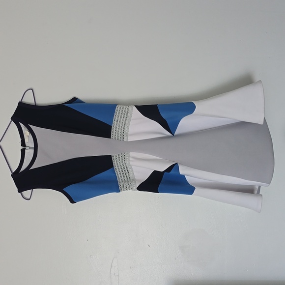 JONATHAN SIMKHAI White/Blue Geo Pima Flare Dress sz 6 - Picture 3 of 7